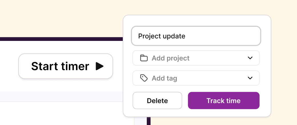 The extension popover: description, project and tag fields, and a Track time button