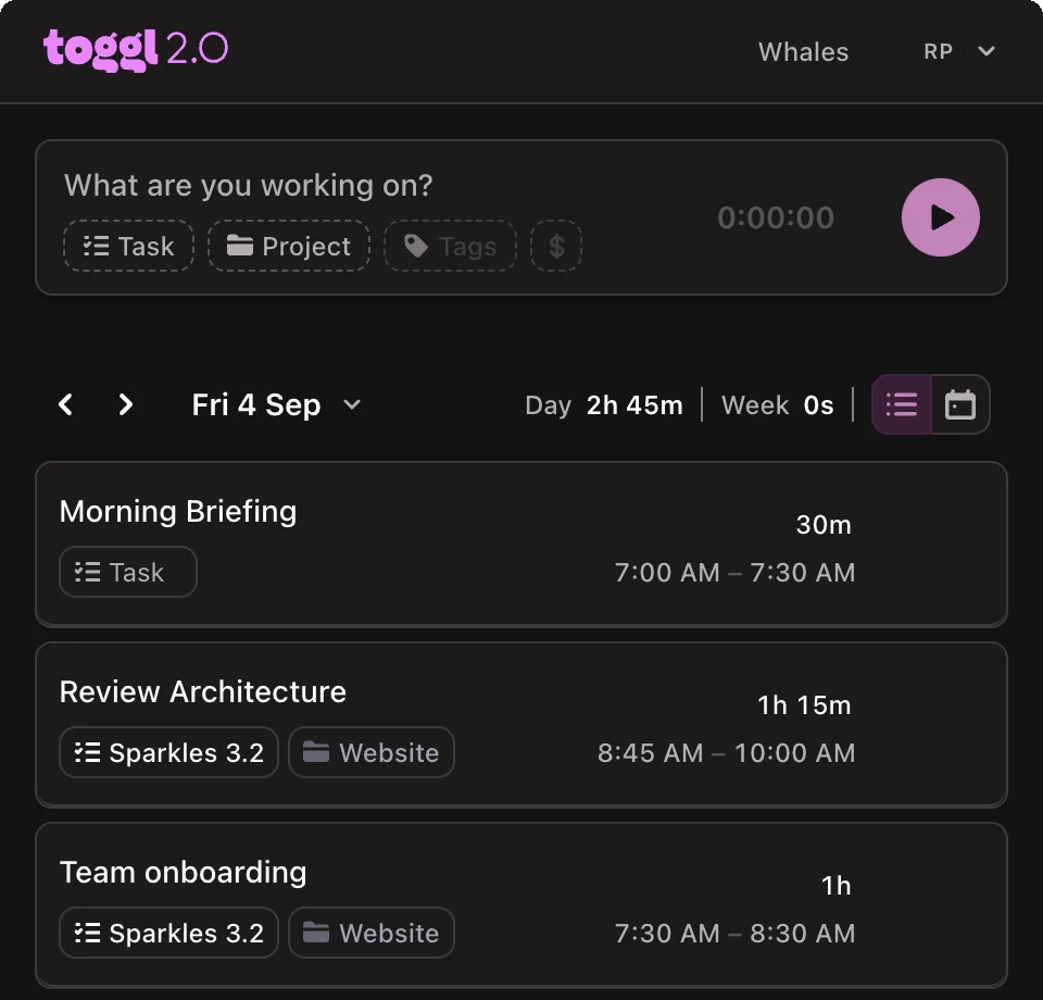 The extension popup, with the day’s tracked entries