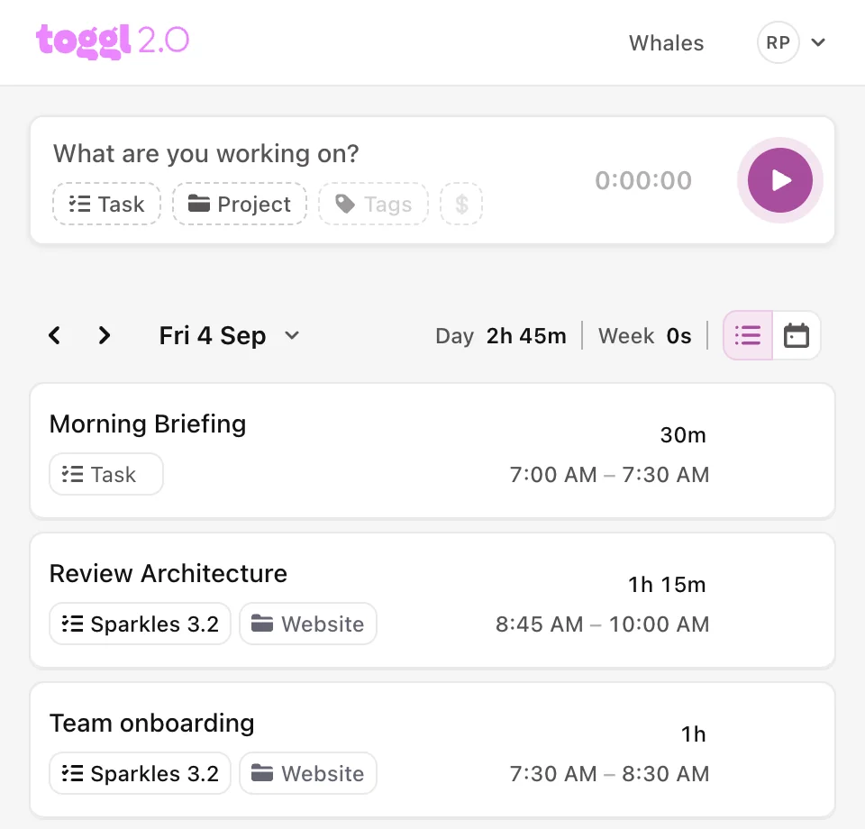The extension popup, with the day’s tracked entries