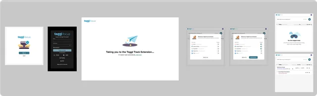 Design frames: signing in, in light and dark, the hand-off from the web app, choosing integrations, and the first empty day