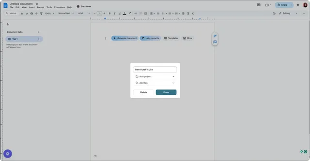 Design frame: a document page dimmed behind the confirmation popover, with the entry’s name, Add project, Add tag, Delete and Done