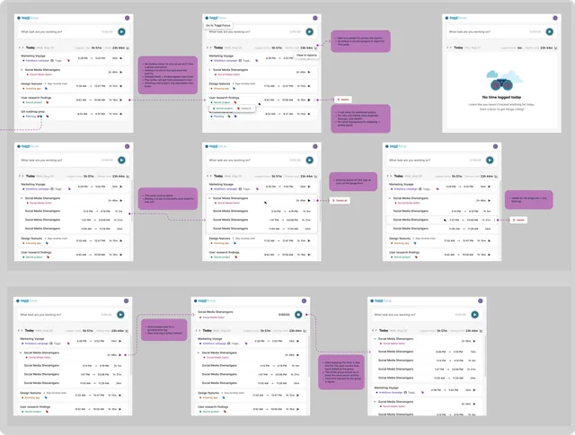 Design frames of the popup with notes: entries grouped by task, the more menu and delete, the empty day, and restarting a grouped entry