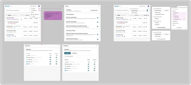 Design frames: the popup menu, General settings with timer and Auto Tracker preferences, the integrations list with Enable and Autotrack per site, and the workspace switcher