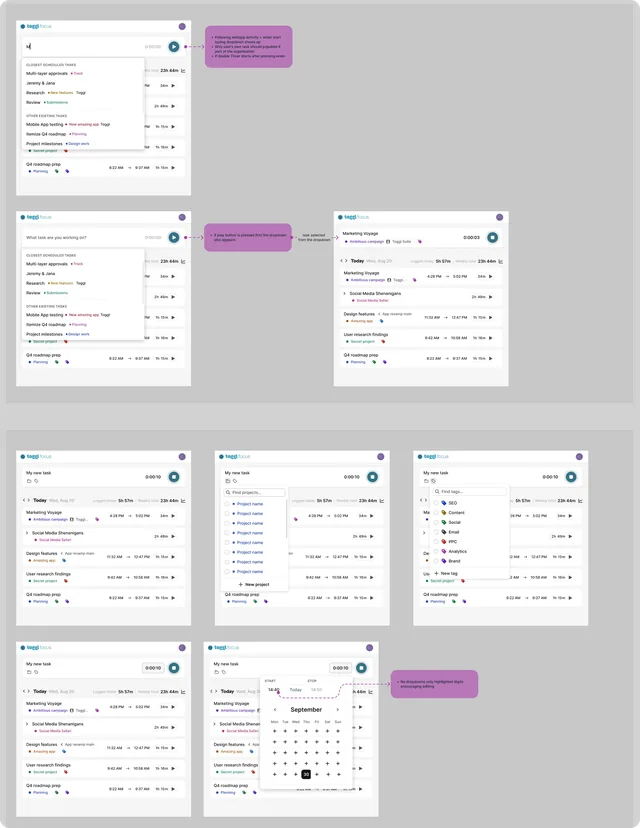 Design frames: the task dropdown while typing, starting from a picked task, then the project and tag pickers and the start and stop time editor on a running timer