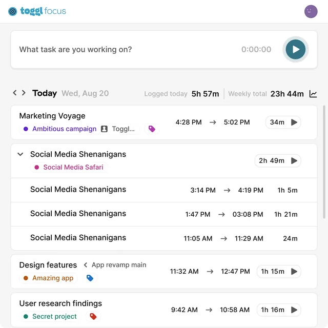 The Focus MVP popup, exported from the design file: the timer, today’s totals, and the day’s entries with one group opened to its three time logs