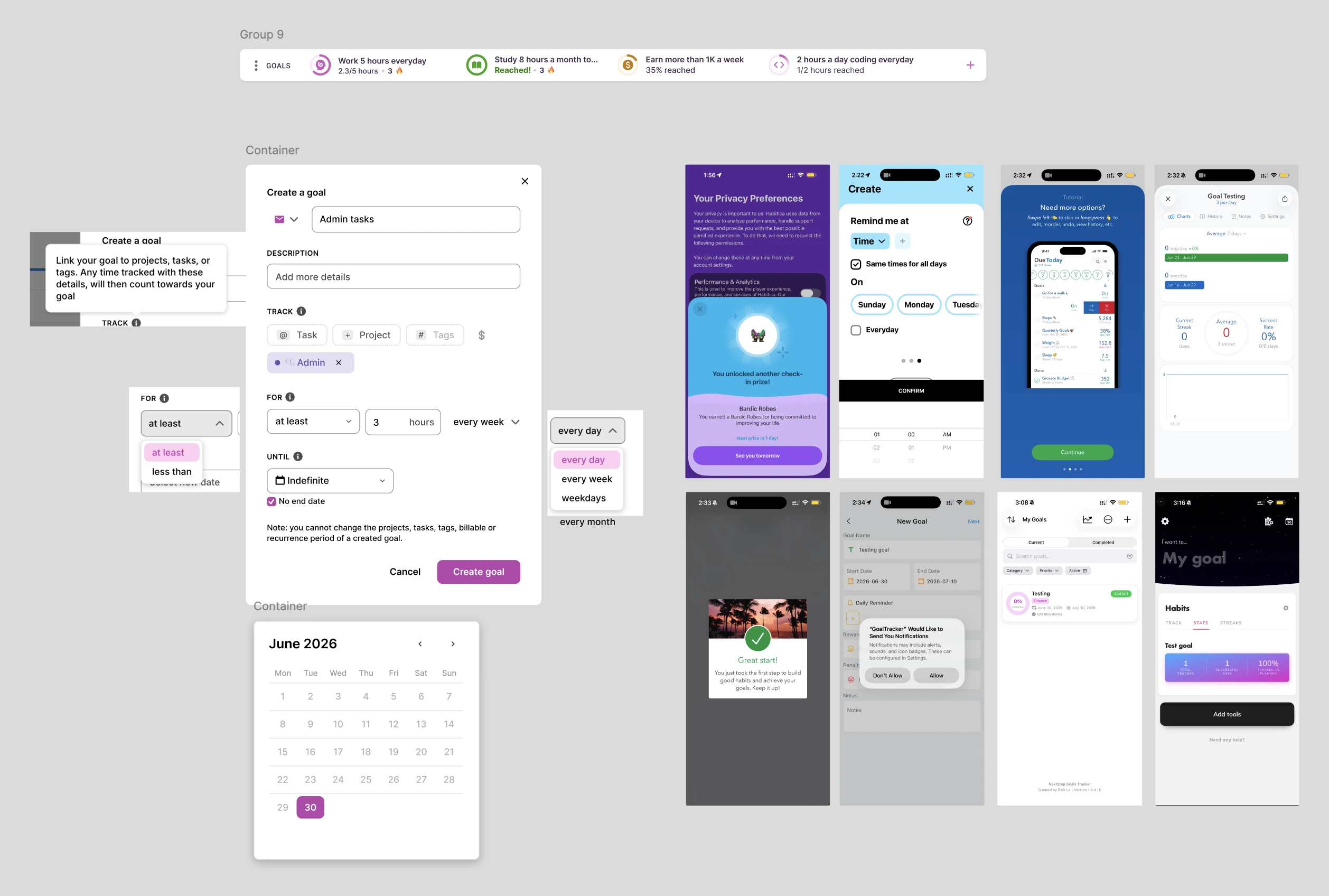 The Figma exploration board: an early goals strip, the create-a-goal modal and its pickers, beside screens from competitor goal apps