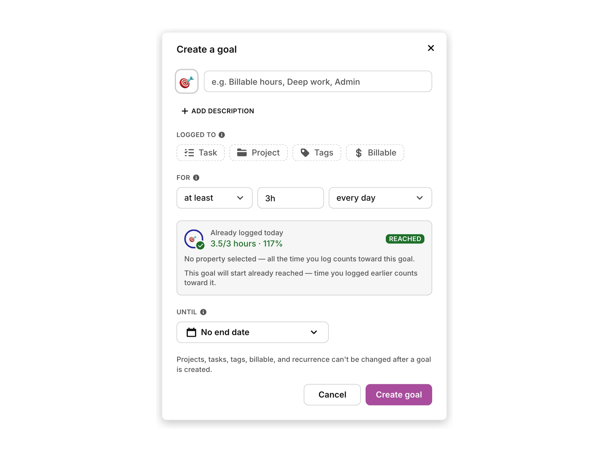 The create-a-goal modal from the final handoff prototype, previewing the time already logged toward the new goal