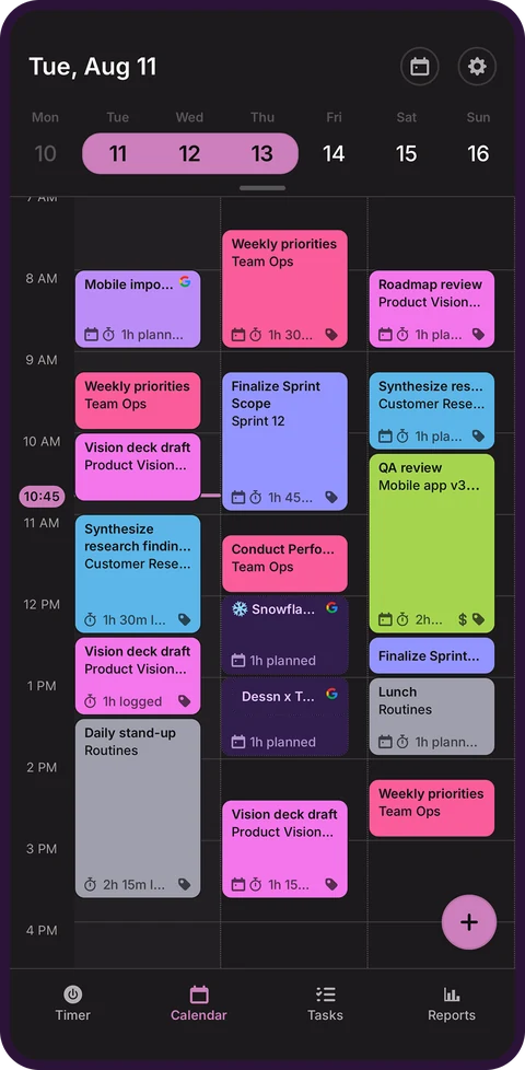 A phone in front showing the mobile calendar in dark mode, a week of colour-coded time blocks
