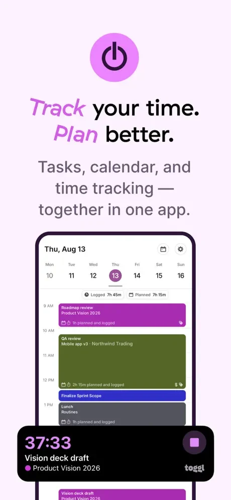 Store visual: Track your time, plan better — the calendar week with a running timer