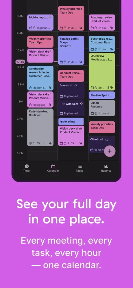 Store visual: See your full day in one place — the calendar day view in dark mode