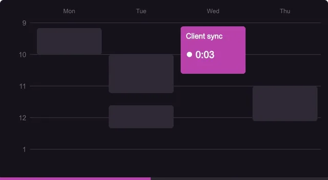 The calendar clip from the feature page: a week of events, one converted into a running Client sync entry