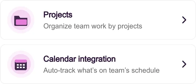 Two rows of the navigator: Projects and Calendar integration, each with its line and a chevron