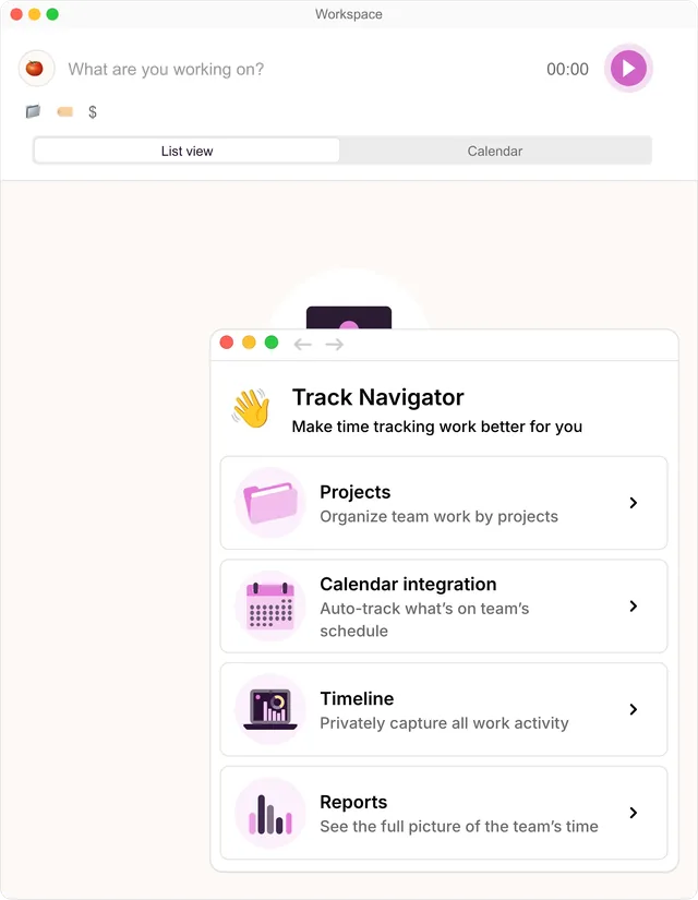 The V1 desktop app’s empty timer with the Navigator open over it: Projects, Calendar integration, Timeline and Reports, each with a line on what it does