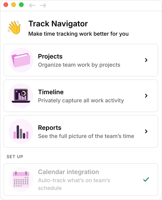 The Navigator afterwards: Projects, Timeline and Reports, and Calendar integration greyed with a check under Set up