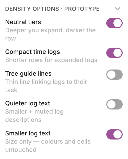 The density console: neutral tiers, compact time logs, tree guide lines, quieter log text and smaller log text as toggles