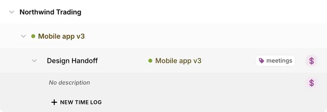Northwind Trading, Mobile app v3, Design Handoff and its time log, each level a shade deeper, with New time log under it