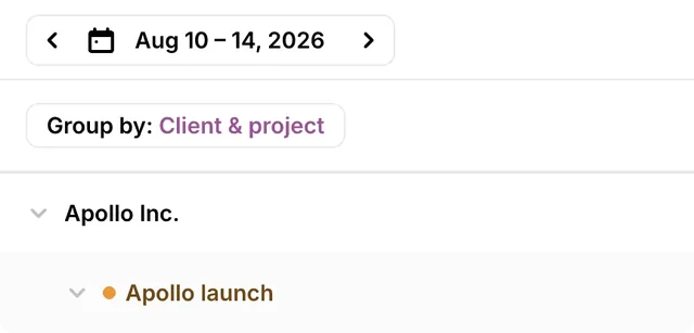 The labelled Group by: Client & project control above Apollo Inc. and its Apollo launch project