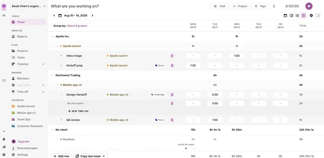 The shipped timesheet grouped by client and project: Apollo Inc. and Northwind Trading on neutral tiers, tasks with tags and billable marks, a time log open under Design Handoff