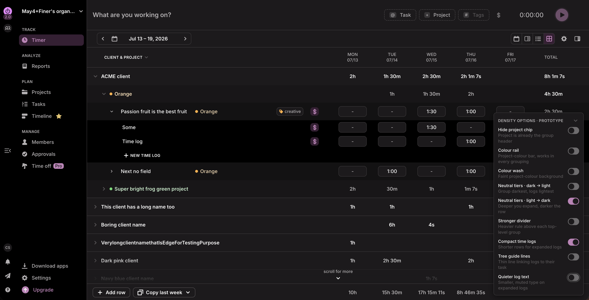 The density console: the visual hypotheses as toggles over the real grouped timesheet