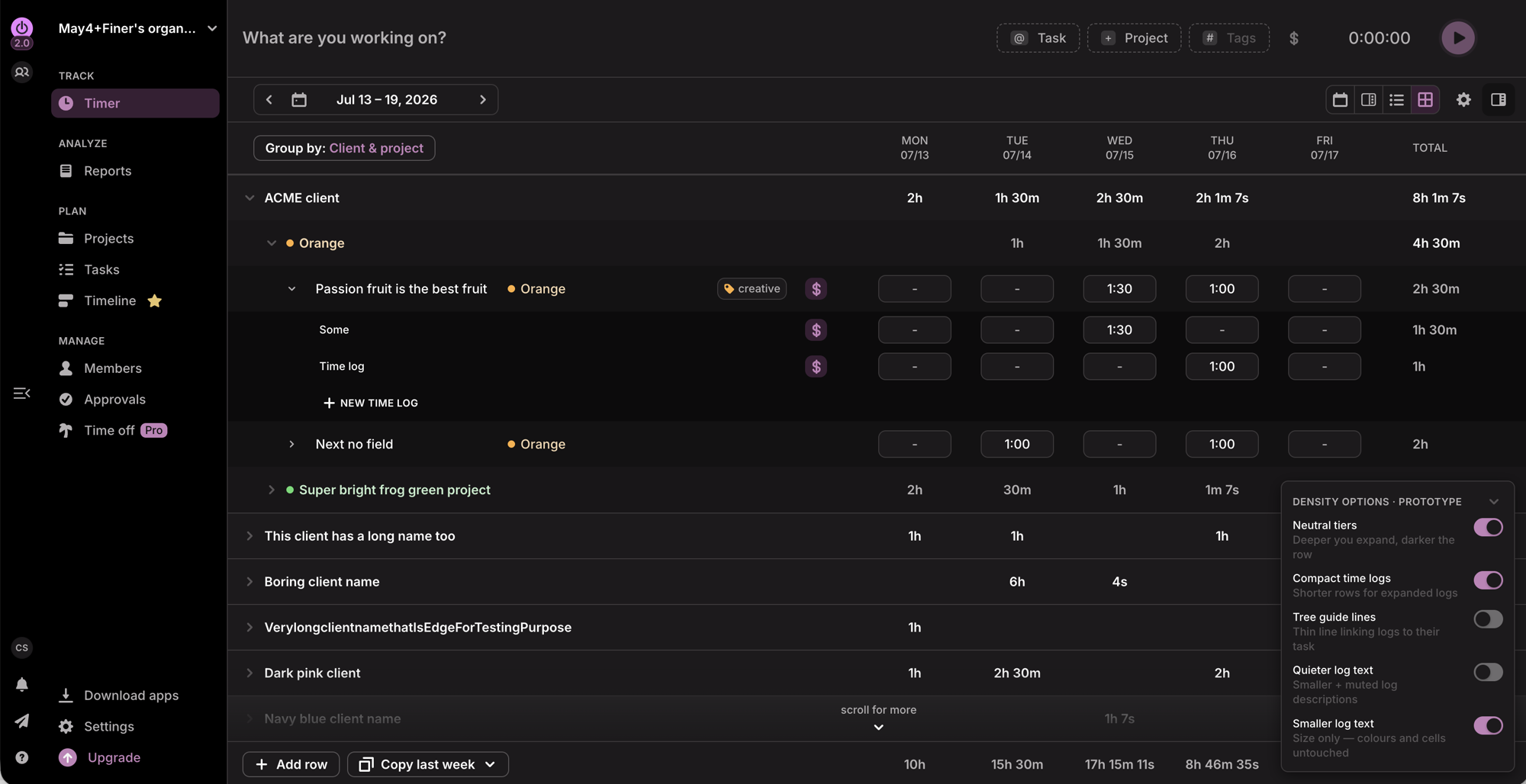 The final grouped view: neutral tiers, smaller log text, a prominent Group by control
