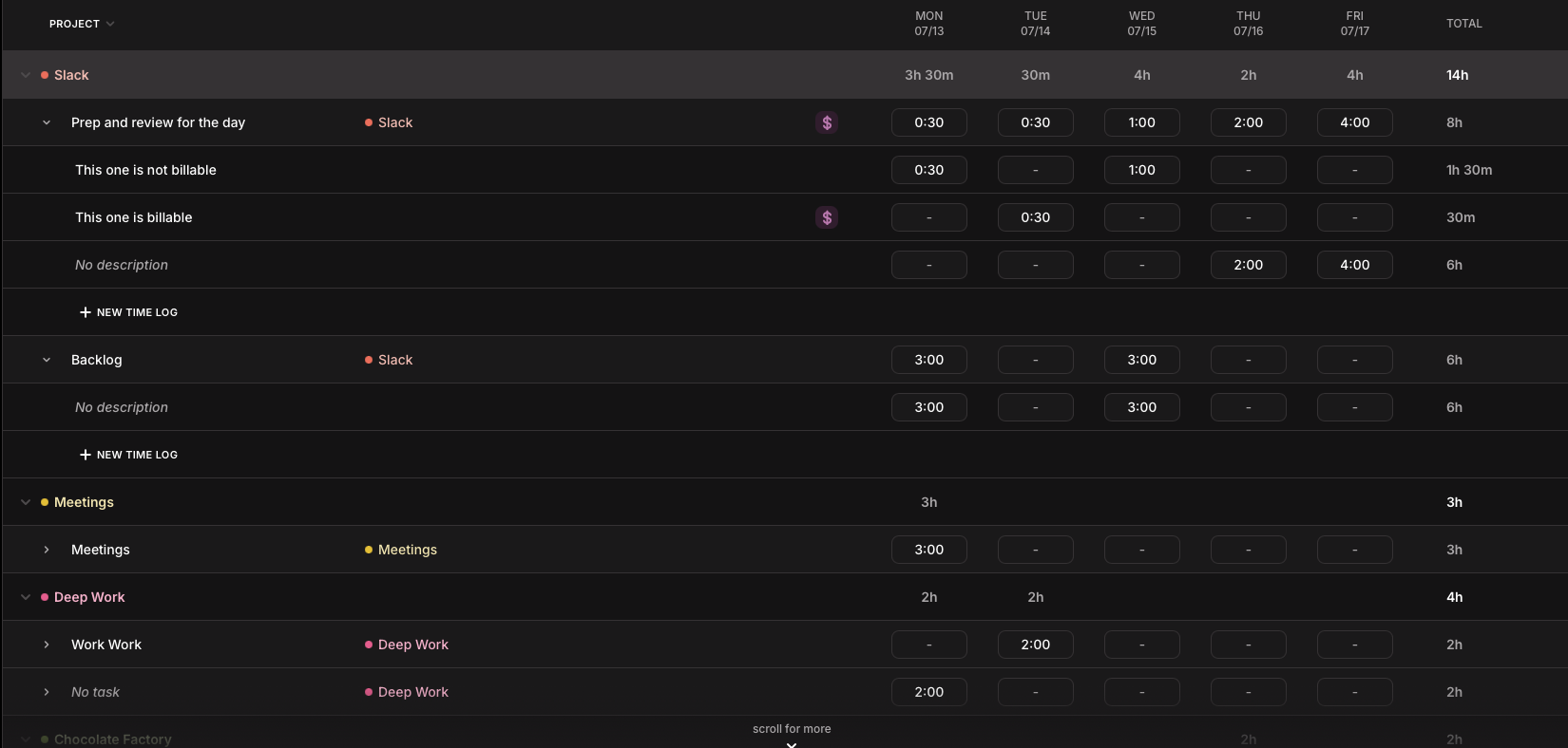 The first grouped timesheet: projects, tasks and time logs sharing one visual treatment